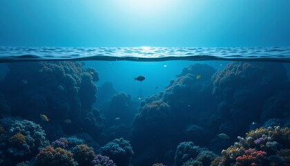 Fototapeta premium Stunning Underwater Scene Vibrant Coral Reef with Fish Ocean Surface View