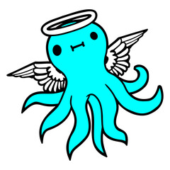 Octopus angel wings halo flies kraken tentacle fun Isolated Vector Graphic Design Illustration
