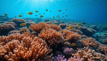 Obraz premium Vibrant Underwater Coral Reef Scene with Yellow Fish Swimming
