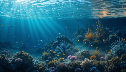 Naklejka premium Vibrant Underwater Coral Reef Scene with Sunbeams Colorful Fish and Diverse Marine Life