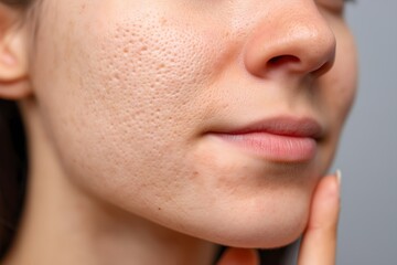 Close up of a woman's face with large pores and skin imperfections. Skin texture problem from acne and scars concept for dermatology.
