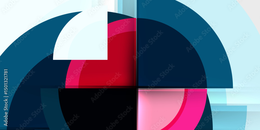 Aufkleber Abstract geometric composition. Overlapping arcs, rectangles create dynamic visual effect. Colors include blue, pink, white, black.