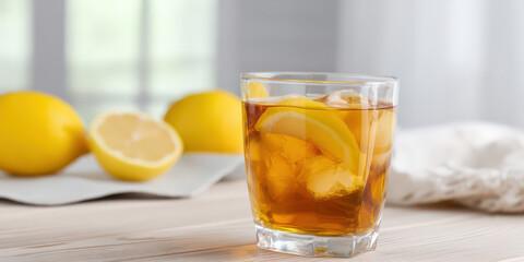 A glass of iced tea filled with ice and lemon slices is placed on a light wooden table, with fresh lemons in the background and soft natural light illuminating the scene