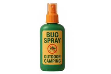 Bug spray bottle protecting from mosquitoes during outdoor camping with transparent background