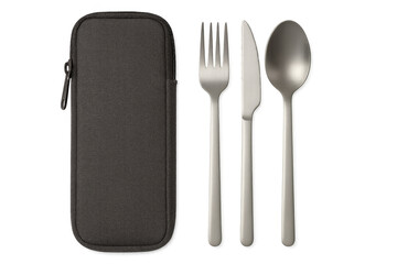 Portable cutlery set with gray carrying case on transparent background
