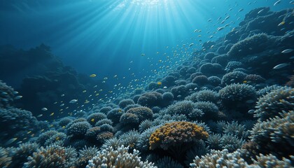 Obraz premium Underwater Coral Reef Scene Vibrant Fish and Sunbeams in Ocean