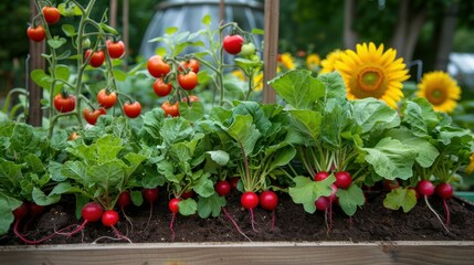 A Flourishing Garden With Radishes Tomatoes And Sunflowers Blooming In The Backyard