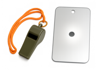 Whistle and signal mirror on transparent background for survival