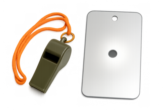 Whistle and signal mirror on transparent background for survival