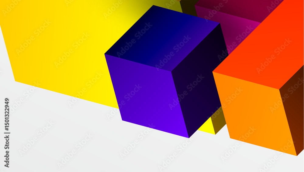 Poster Colorful cubes overlap, creating vibrant gradients. Geometry, light, shadow define abstract composition. Minimalist design, modern aesthetic.