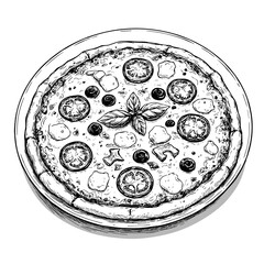 Hand-drawn vegetarian pizza with tomatoes, olives and basil