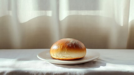 A single bread roll on a white plate with soft lighting