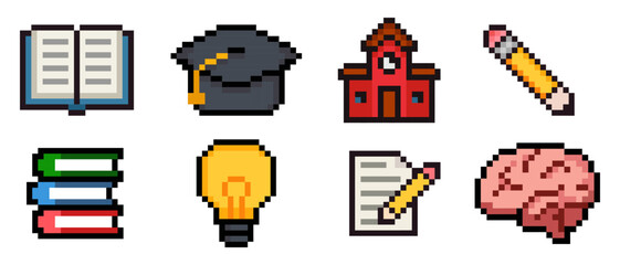 Set of 8 school themed pixel art icons including book, graduation cap, school building, pencil, stacked books, light bulb, brain and writing paper. Colorful and nostalgic 8 bit retro style, perfect