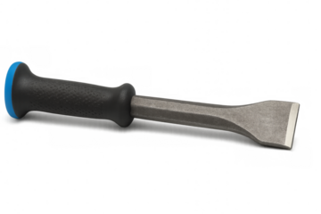 Bolster chisel with black and blue handle lying on transparent background