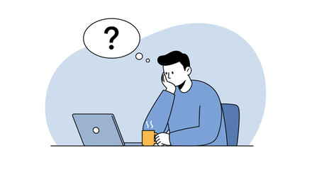 Pensive man with question mark thought bubble laptop and steaming mug