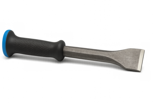 Bolster chisel with black and blue handle lying on transparent background