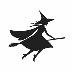 Halloween vector illustration of a black witch flying on a broom with wings