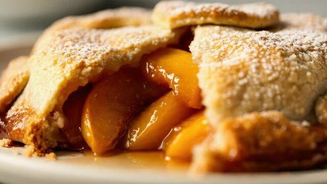 Close-up of peach galette with powdered sugar on top