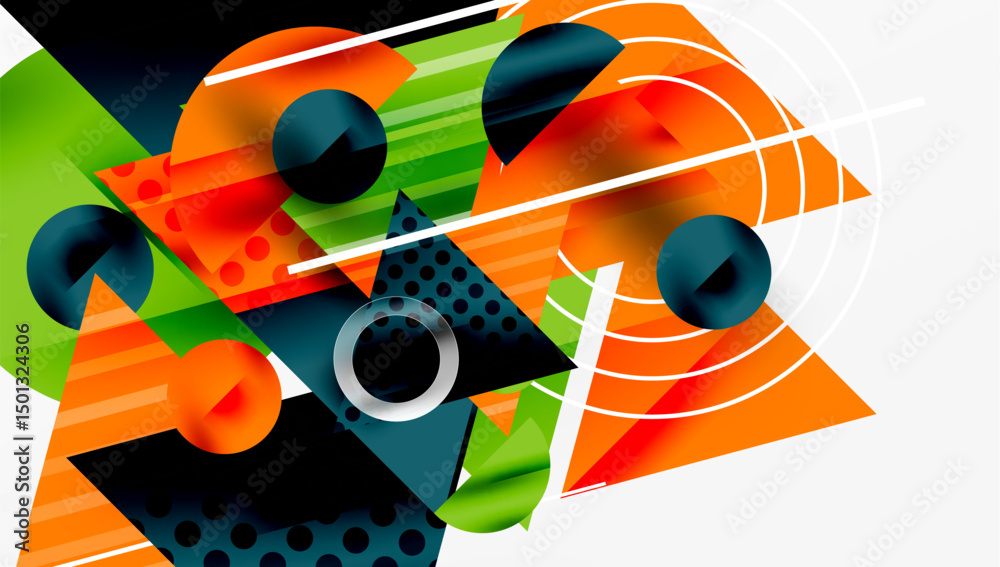 Poster Abstract geometric composition. Vivid colors, overlapping shapes create dynamic visual experience. Modern design elements present bold aesthetic.