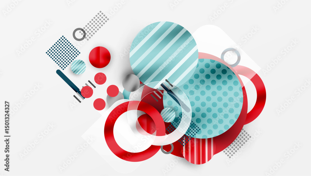 Poster Abstract geometric shapes overlap. Red, blue hues dominate composition. Modern design elements create dynamic visual effect.