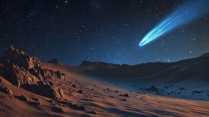 A glowing blue comet seen from the surface of Mars