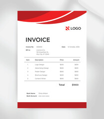 Modern A4 Invoice Template with Red Curve Header  Editable Business Billing Design