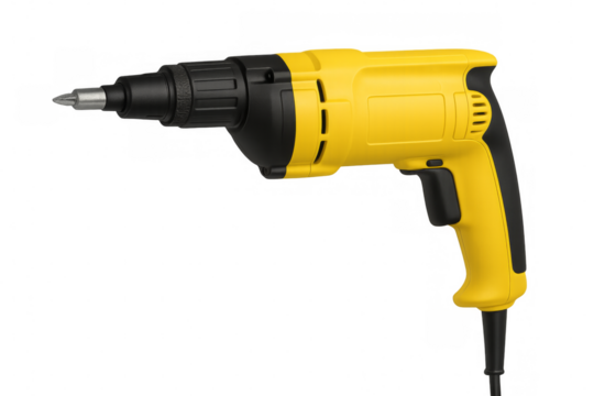 Yellow and black electric screwdriver with phillips bit on transparent background