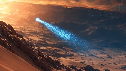 A glowing blue comet seen from the surface of Mars