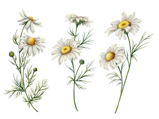 Illustration set of 3 branches of blooming chamomile in watercolor style. White wildflowers. Print with medicinal herbs. Daisies collection