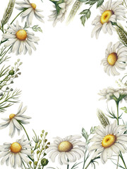 Illustration frame with wildflowers. Decoration for card with meadow flowers. White daisies. Template with medicinal herbs. Fresh natural border