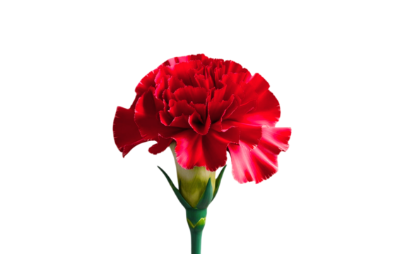 A highly detailed, vibrant red carnation bloom with delicate, curved petals and a slender, green stem, isolated on a pure white background, capturing the intricate texture and subtle sheen of the flow