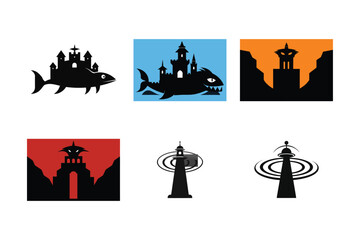 Black vector silhouette icons of St Nicholas and church, a symbol of love and design
