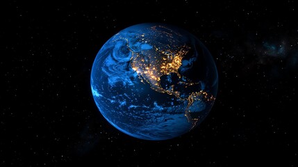 Stunning night view of Earth from space, showcasing city lights and swirling clouds against the backdrop of stars.