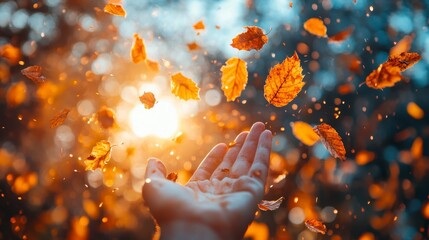 Hand reaching towards falling autumn leaves, with a sunlit background