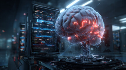 Artificial intelligence or ai isometric concept vector illustration. Virtual human brain over luminous server and connections, future technology icons isolated on ultraviolet banner