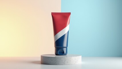 independence day mockup of a tall, matte-finish cosmetic tube,  clean red-white-blue abstract stripe