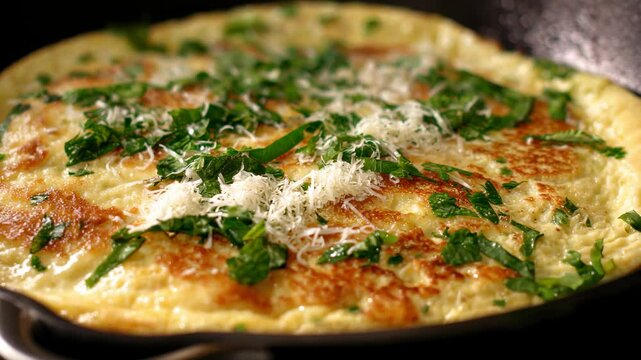 Golden omelet with cheese and greens, cooked in a dark pan