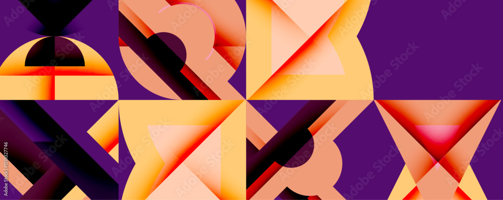 Aufkleber abstract geometric composition. orange, yellow shapes contrast purple background. modern design, sha