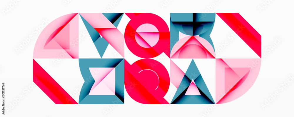 Aufkleber abstract geometric composition. shapes overlap, creating vibrant pink, blue tones. letters form desi