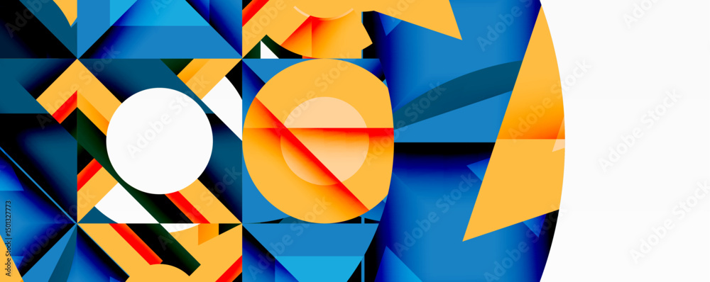 Aufkleber Abstract geometric composition. Shapes overlap, creating dynamic visual interest. Blue, orange, white dominate palette. Modern design.