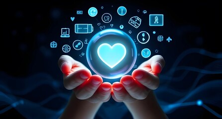 A pair of hands gently cradles a glowing orb displaying a heart symbol amidst various digital icons, symbolizing love, connection, and technology in a dark, fluid background.