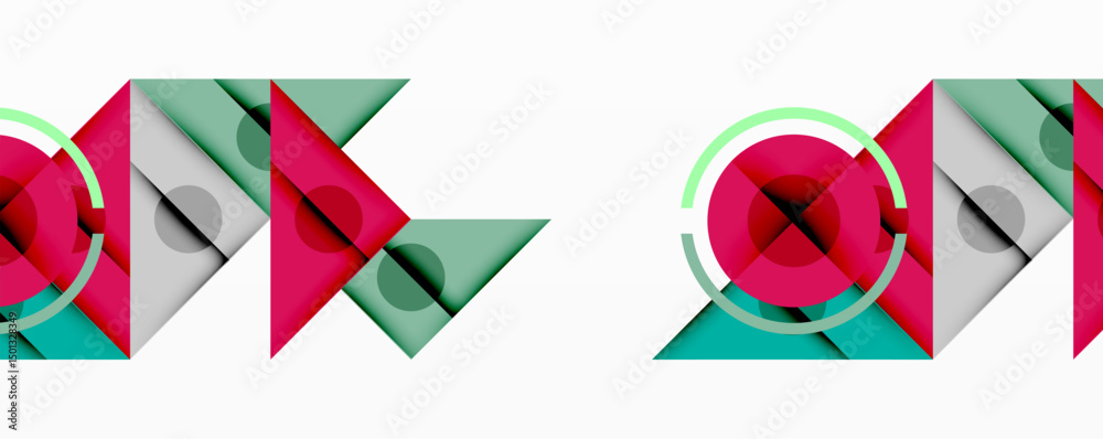Poster abstract geometric shapes, pink, teal, gray. overlapping triangles, circles create modern pattern. m
