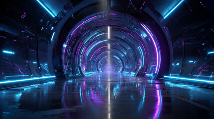 Realistic abstract tunnel with light at end. Vector illustration of futuristic neon blue and purple illuminated arches, long corridor or stage perspective. Spacecraft interior. Fashion show catwalk