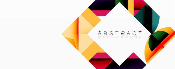 Geometric shapes overlap, creating vibrant colorful design. Yellow, red, purple hues dominate white backdrop. Modern aesthetic.