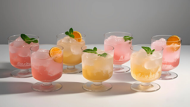 A vibrant array of refreshing cocktails or mocktails, presented in elegant stemmed glasses on a clean white surface against a soft grey background.