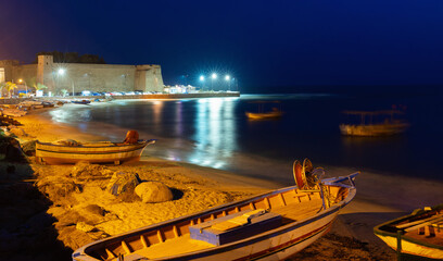 Evening view of Hammamet fort on Mediterranean coast in Tunisia
