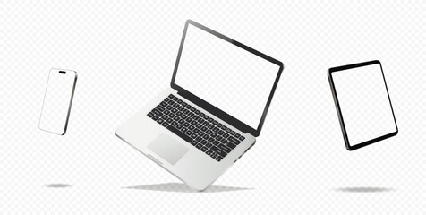 Laptop computer, smartphone and tablet with empty screen while levitating in the air on a transparent background