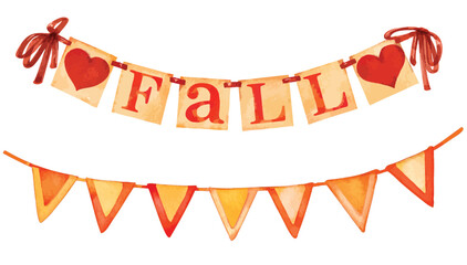 Watercolor Fall Garland Banner. Seasonal 
Autumn bunting banner.  Greeting cards and invitations decoration.
