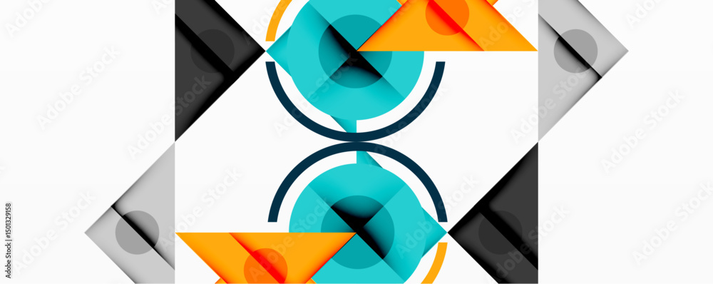 Poster abstract geometric composition. circles, triangles, squares overlap creating symmetrical design. blu