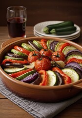 Photo of Baked Ratatouille Dish with Fresh Vegetables on Wooden Table